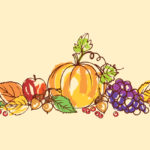 pen and color ink illustration of pumpkin, grapes, apples and leaves